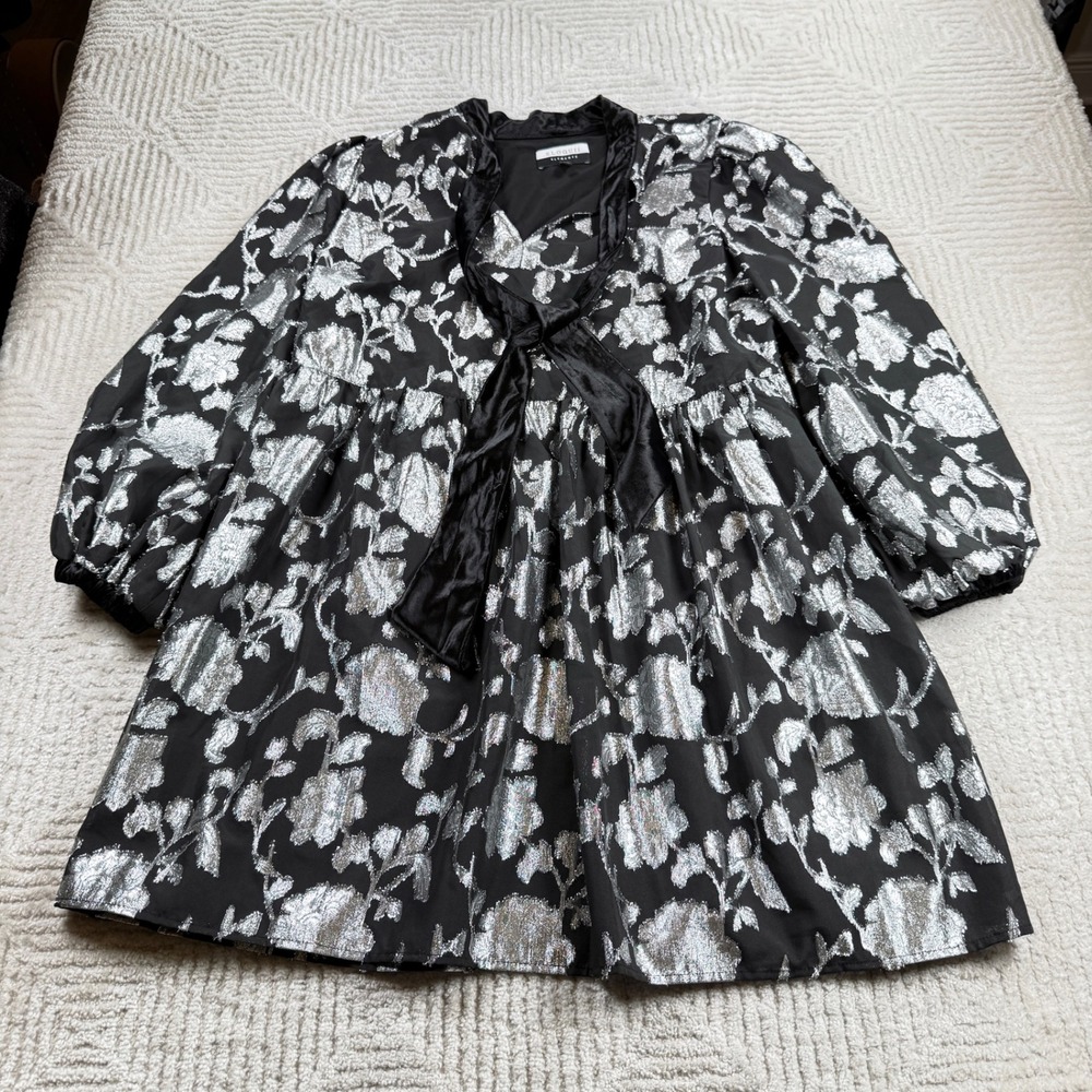 Eloquii Elements Floral Metallic Dress Women's 16 Black Silver Party Babydoll